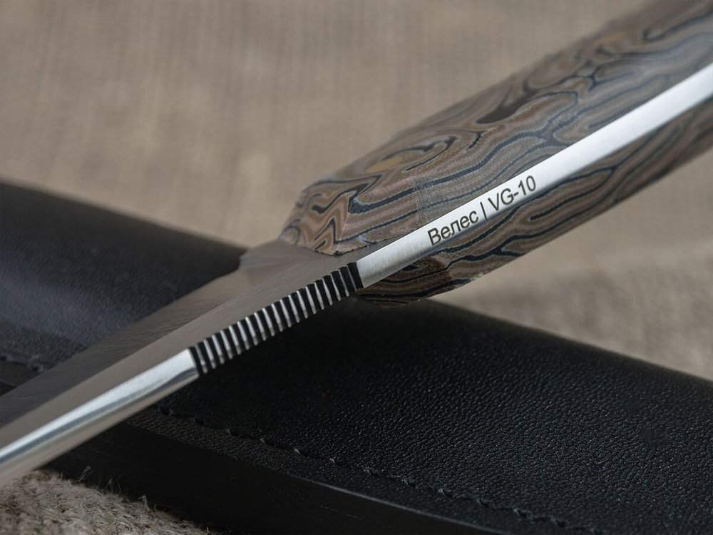 Нож для бушкрафта "Велес", сталь VG-10/Elmax, рукоять микарта (камуфляж)