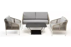 "Канны" лаунж-зона 4-местная из роупа со столом "Глория" (серый гранит), каркас алюминиевый светло-серый, роуп серый меланж