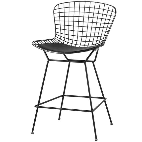 Полубарный стул Bertoia черный с черной подушкой