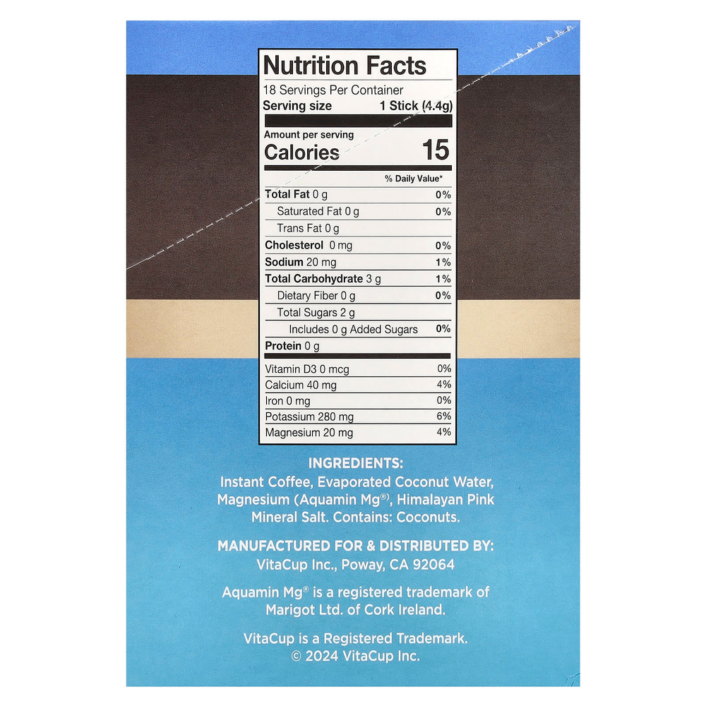 VitaCup, Растворимый кофе с электролитами для гидратации, средняя обжарка, 18 порционных палочек, по 4,4 г (0,16 унции)