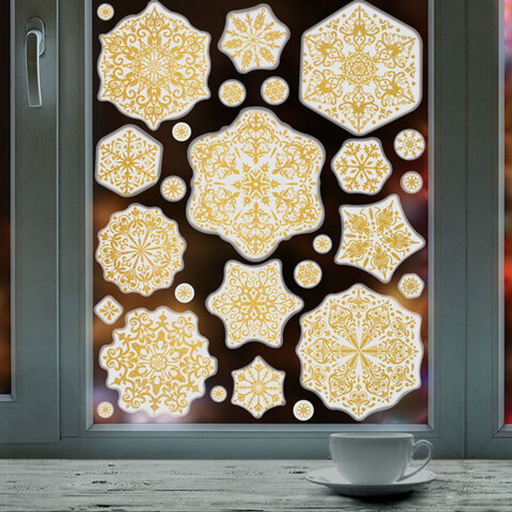 Наклейка для окон, 112 СНЕЖИНОК, КОМПЛЕКТ 4 шт., 30х38 см, глиттер, золото, ЗОЛОТАЯ СКАЗКА, 592570