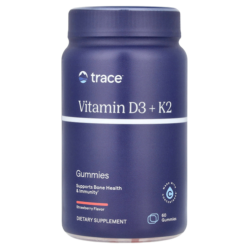 Trace, Жевательные мармеладки с витамином D3 и K2, с клубникой, 60 жевательных таблеток