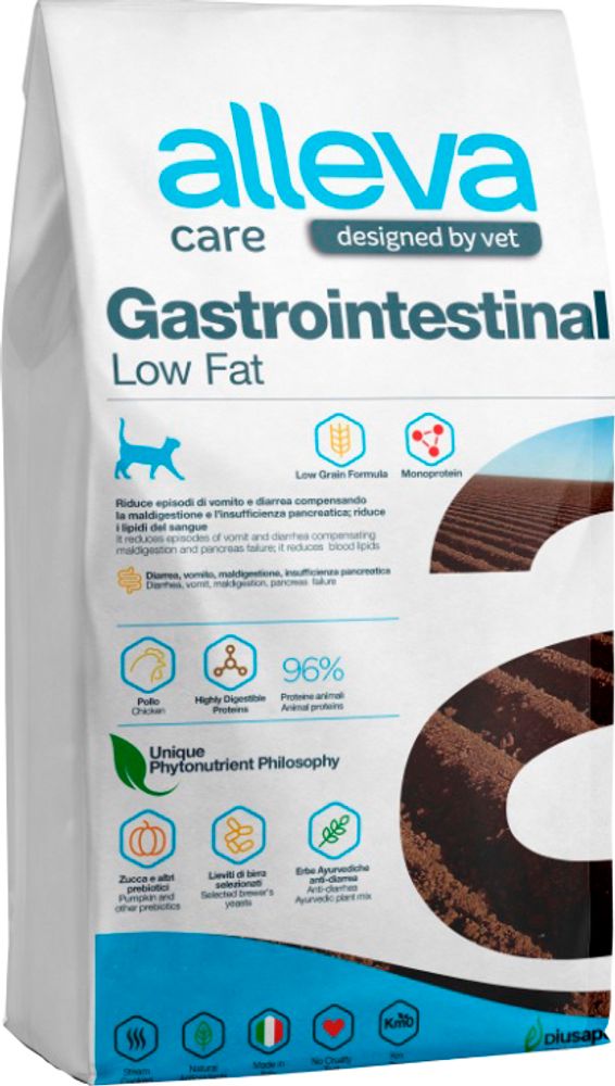 Alleva Care 1,5кг Gastrointestinal Low Fat Корм для кошек, диетический, со сниженным уровнем жира, при заболеваниях желудочно-кишечного тракта