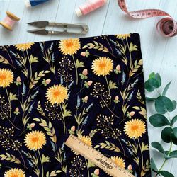 Ткань ниагара солнечные одуванчики на чёрном фоне