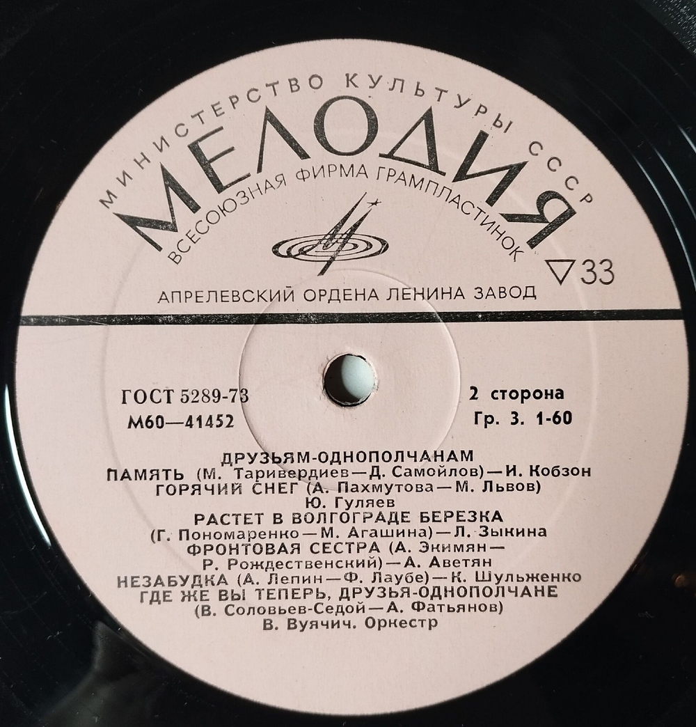 Винтажная виниловая пластинка LP Сборник Друзьям Однополчанам (СССР 1980) М. Бернес, В. Высоцкий, Ю. Гуляев