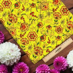 Ткань таффета хохломские узоры на жёлтом