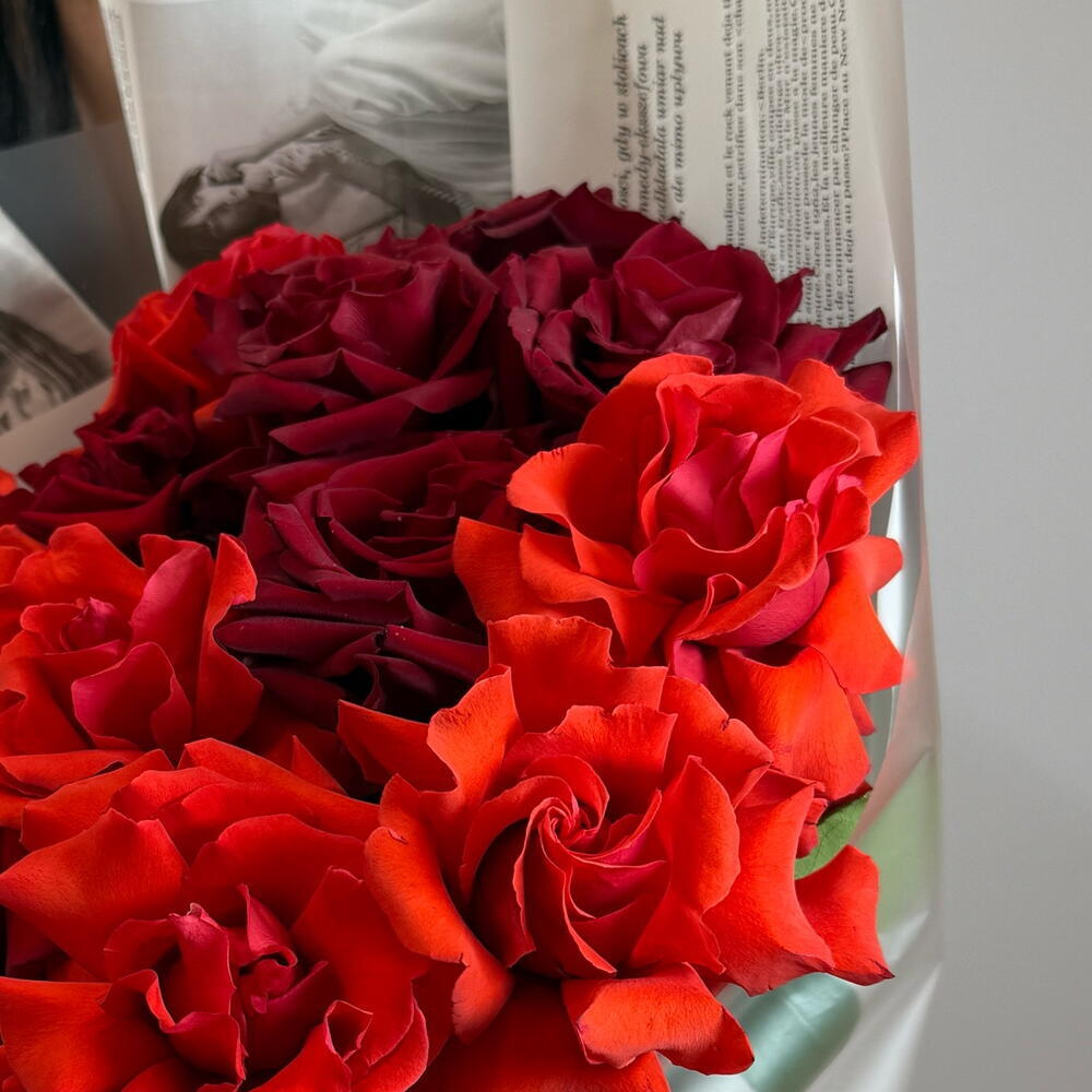 «Огненный микс» букет из французских роз Эксплорер и Нина