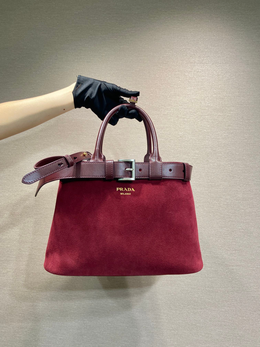 Prada Buckle Medium Suede Bag with Belt 32 cm