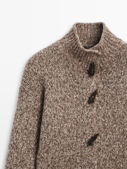 Massimo Dutti Кардиган из шерсти и хлопка с пуговицами в форме рога, шоколадный