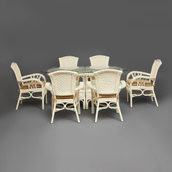 Комплект обеденный "ANDREA GRAND" (стол со стеклом+6 кресел+ подушки) TCH White (белый), Ткань рубчик, цвет кремовый