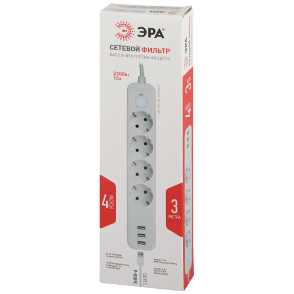 Сетевой фильтр ЭРА USF-4es-3m-3xUSBA-W с базовой защитой с заземлением с выключателем 4 розетки+3xUSBA 3,1A 3м 10А белый