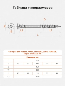 Саморез по дереву Gwozdeck HR Для террасной доски потайной 5,0*80 Нерж. Сталь А2 Torx25 Упаковка 100 шт