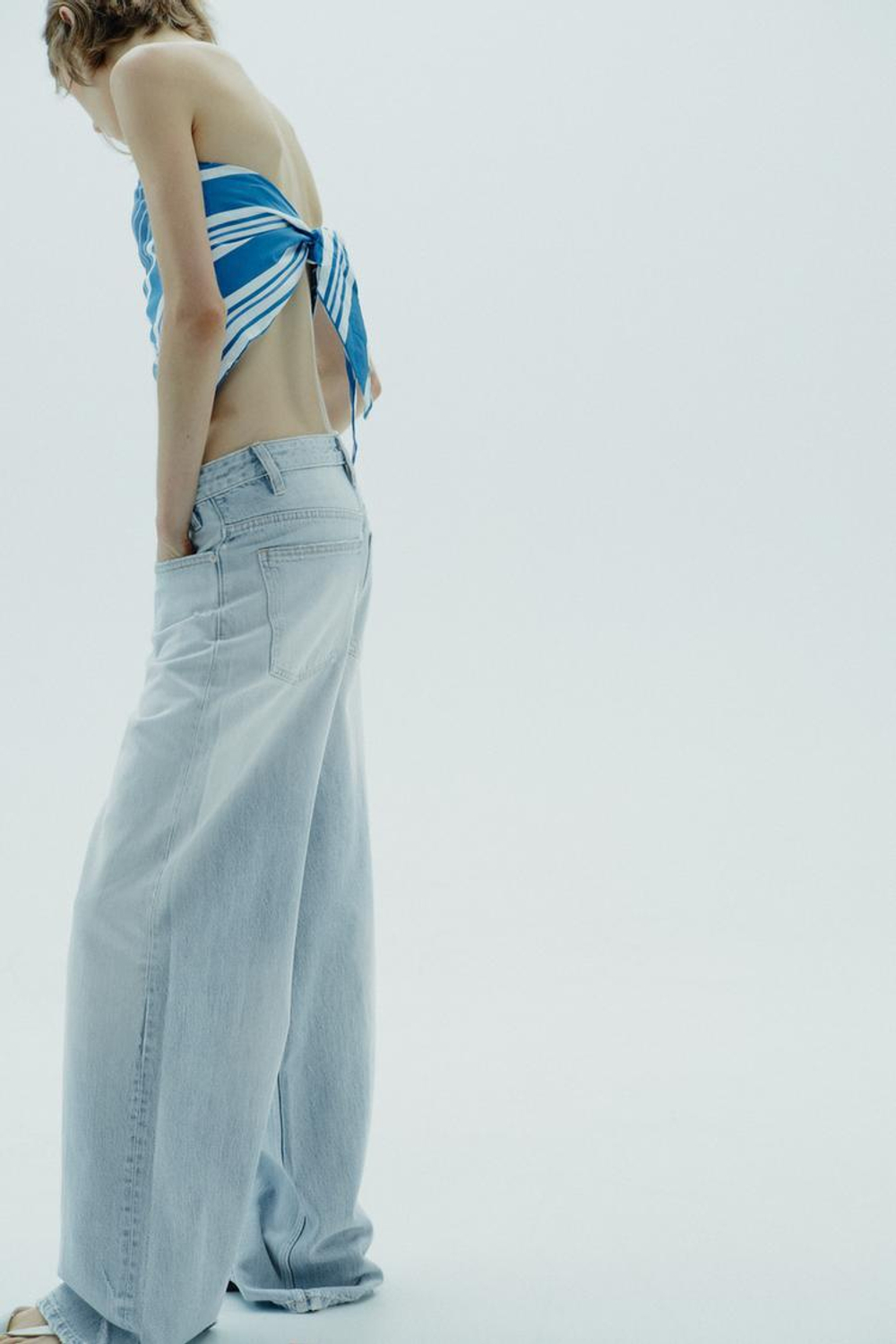 ZARA ЛЬНЯНОЙ ТОП БЕЗ БРЕТЕЛЕЙ, СИНИЙ/БЕЛЫЙ