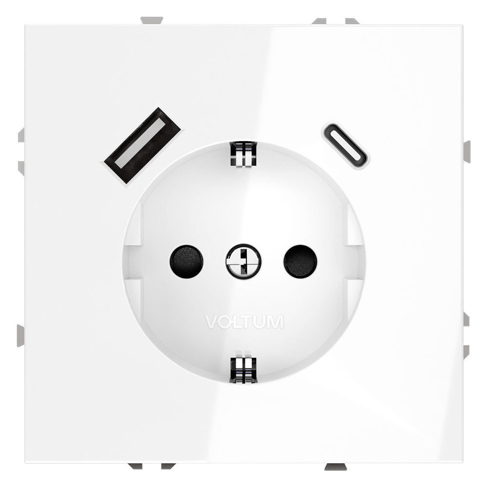 Розетка встраиваемая VOLTUM S70 с заземлением и защитными шторками, 16А, с USB, A+С, (белый глянцевы