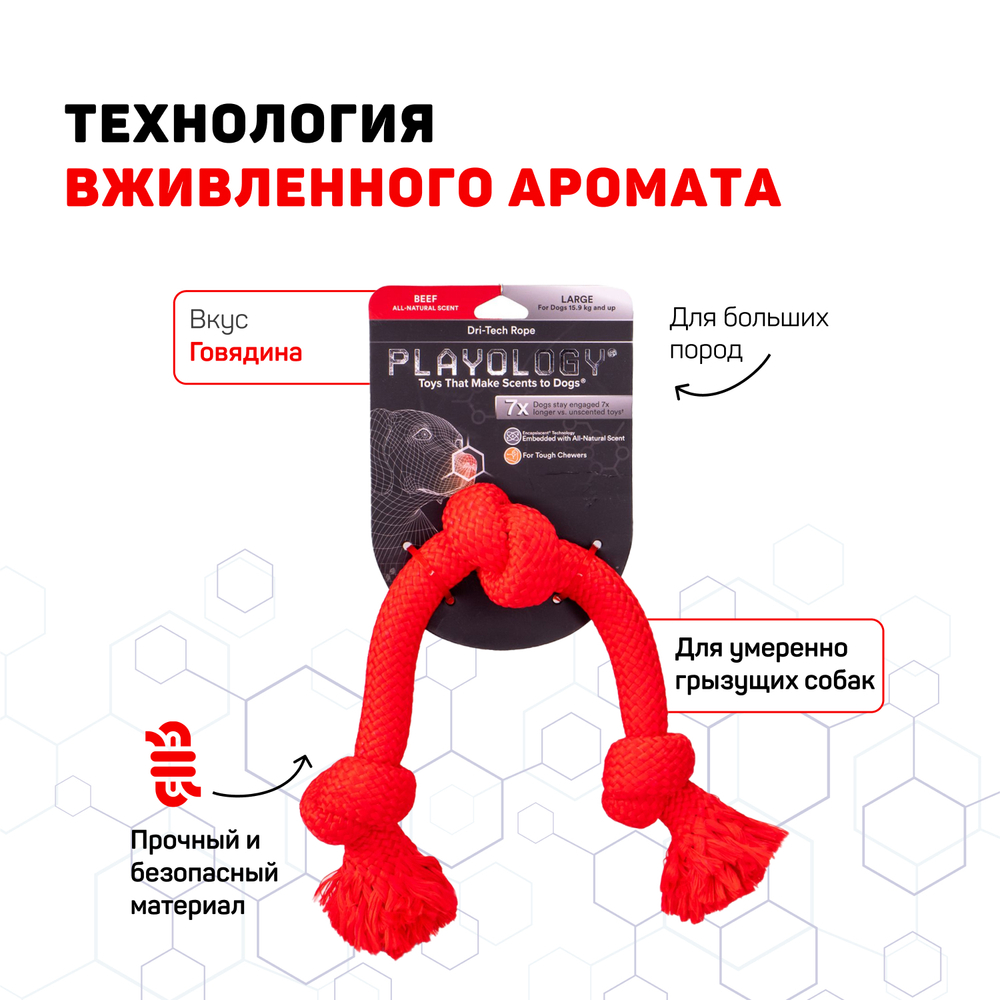 Playology жевательный канат DRI-TECH ROPE для собак средних пород с ароматом говядины, средний, цвет красный
