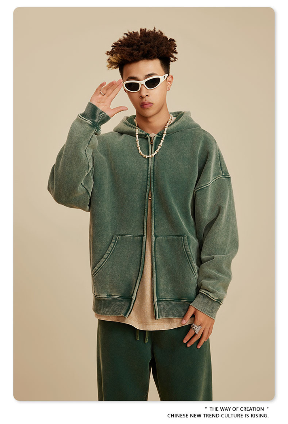 Американский модный брендовый костюм мужской зелёного цвета с эффектом потёртости с капюшоном и двойной молнией для мужчин.
