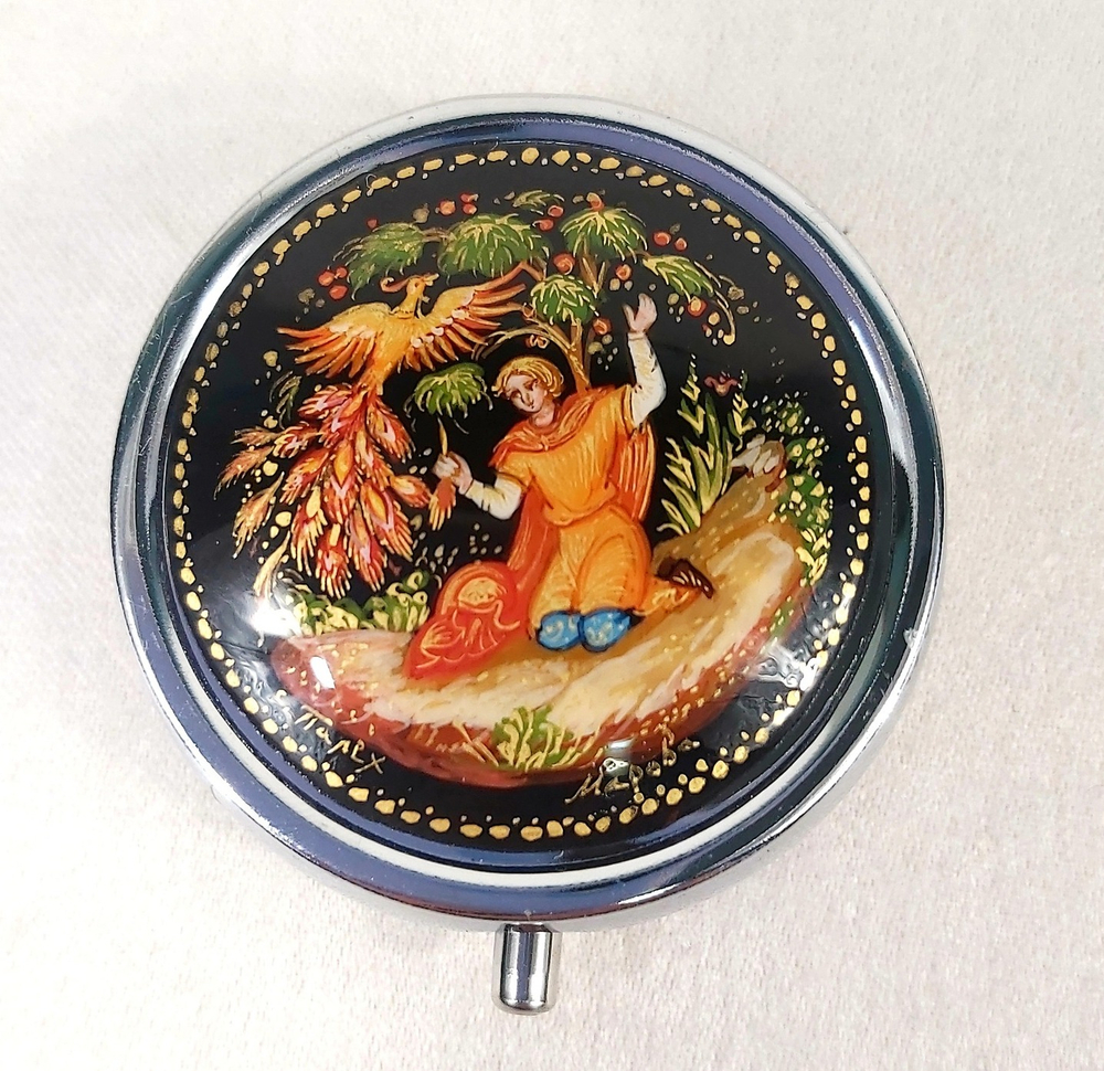 Сувенирный контейнер для хранения мелочей с ручной росписью Пале "Иван-царевич и жар-птица"