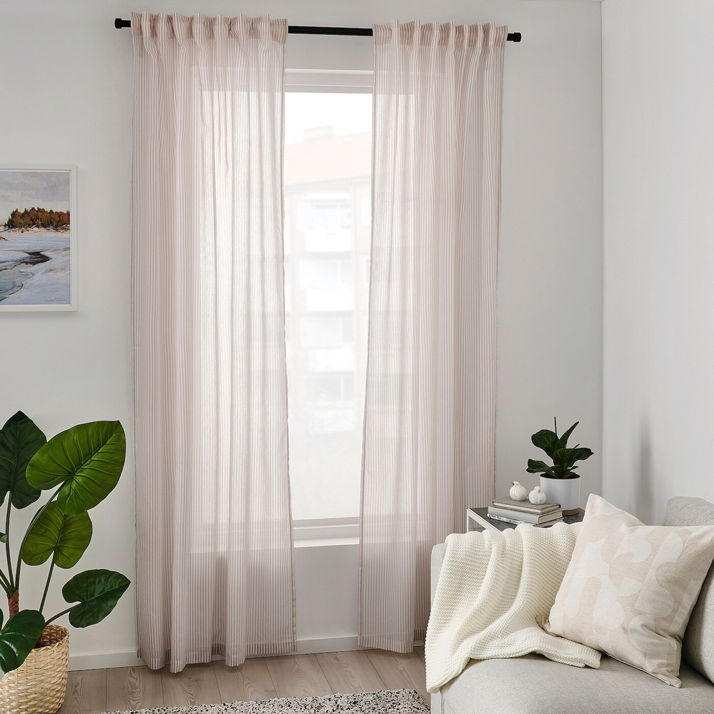 IKEA BYMOTT  (ИКЕА БЙМОТТ)  -  Штора, 2 шт, на ленте/белая/бежевая в полоску, 120x300 см