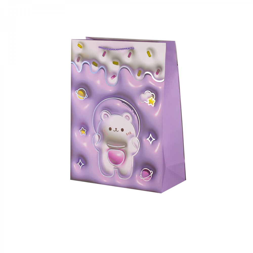 Пакет подарочный бумажный Alingar, (М) 18х23х10 см, вертикальный, "Милые мишки", мат. ламинация, тиснение голография, эфффект 3D, ассорти