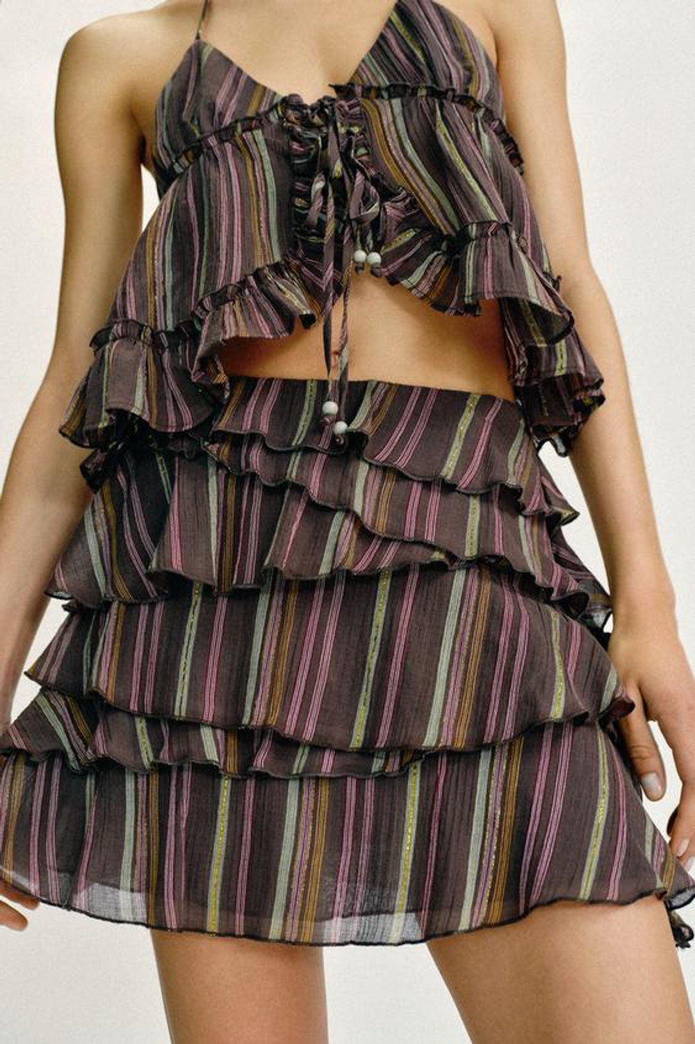 ZARA ЮБКА-ШОРТЫ В ПОЛОСКУ С МЕТАЛЛИЗИРОВАННОЙ НИТЬЮ, КОРИЧНЕВЫЙ