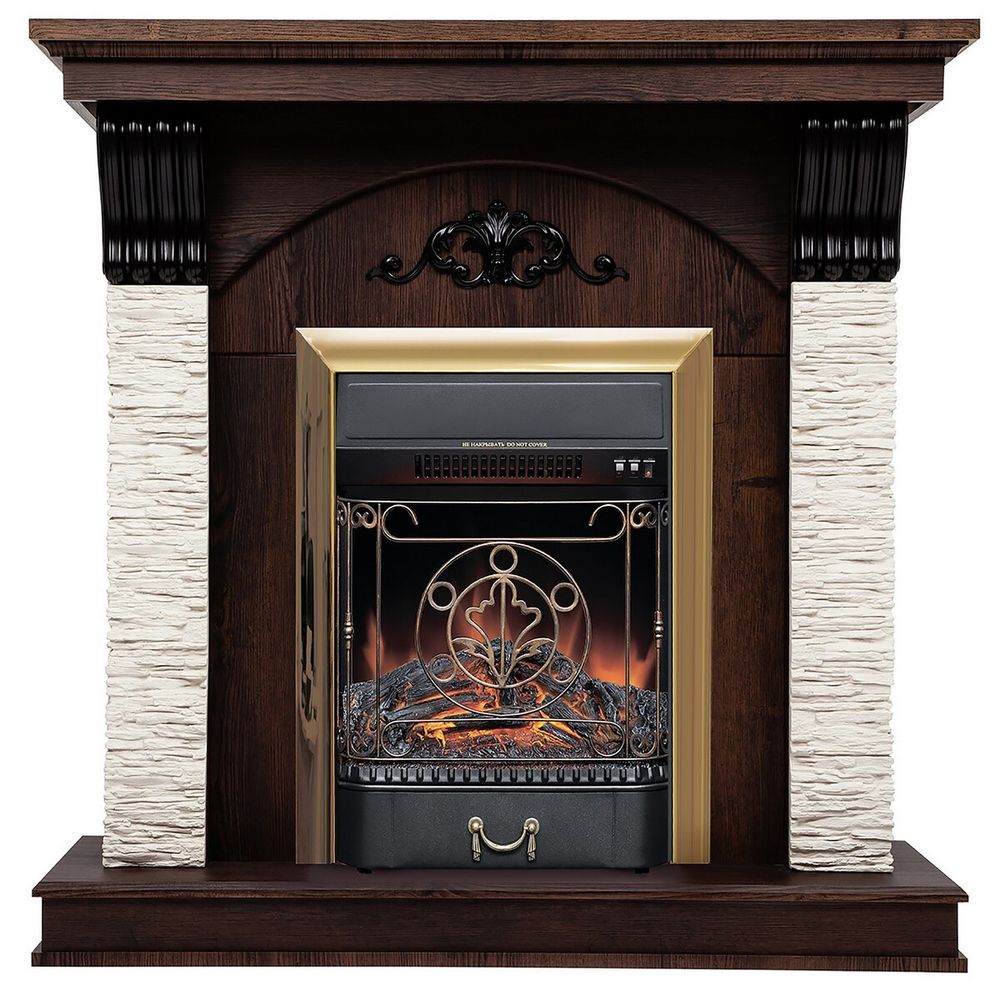 Электрокамин RealFlame Corfino NT орех с очагом Majestic Lux Brass