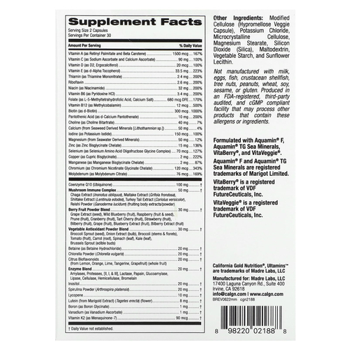 California Gold Nutrition, Ultamins, мультивитаминный комплекс для мужчин с коэнзимом Q10, грибами, ферментами, овощами и ягодами, 60 растительных капсул