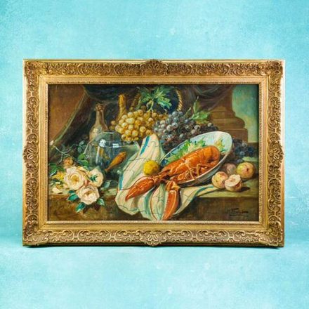 Винтаж: Картина «Натюрморт с Омаром,фруктами и вином»