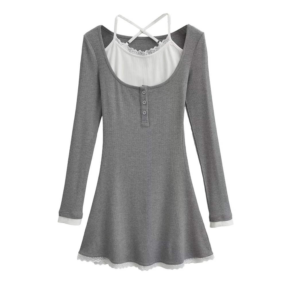Платье трикотажное, короткое, с майкой, с ажурными вставками