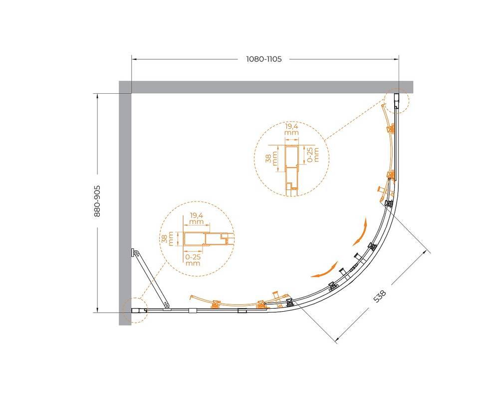 Душевой уголок Cezares MOLVENO-RH-2-110/90-C-GM-IV, 110х90х195, профиль оружейная сталь, прозрачное стекло