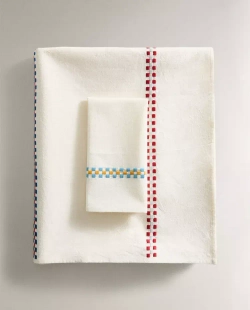 ZARA HOME ХЛОПКОВАЯ СКАТЕРТЬ С ВЫШИВКОЙ, БЕЛЫЙ/ЗЕЛЕНЫЙ