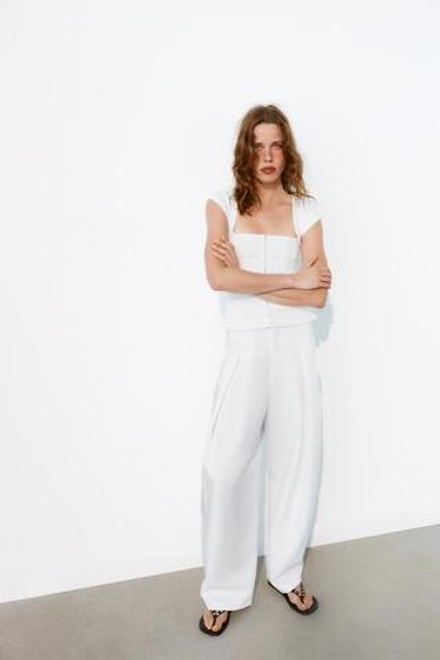 ZARA БРЮКИ BALLOON С ЗАЩИПАМИ, БЕЛЫЙ