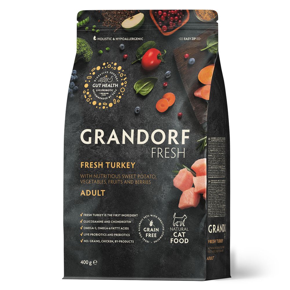 Беззерновой корм с живыми пробиотиками GRANDORF Fresh Cat ADULT Turkey&amp;Sweet Potato Свежее мясо индейки с бататом для кошек 400 г