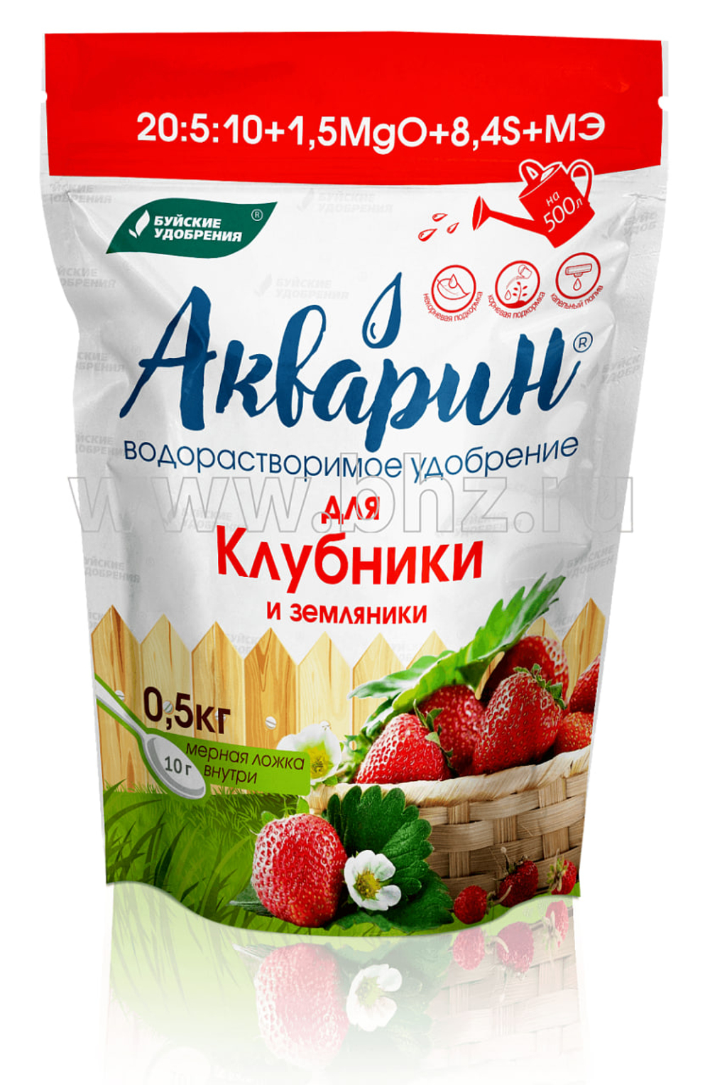 Удобрение АКВАРИН для КЛУБНИКИ и ЗЕМЛЯНИКИ водорастворимое для подкормки растений поливом или опрыскиванием 500 гр