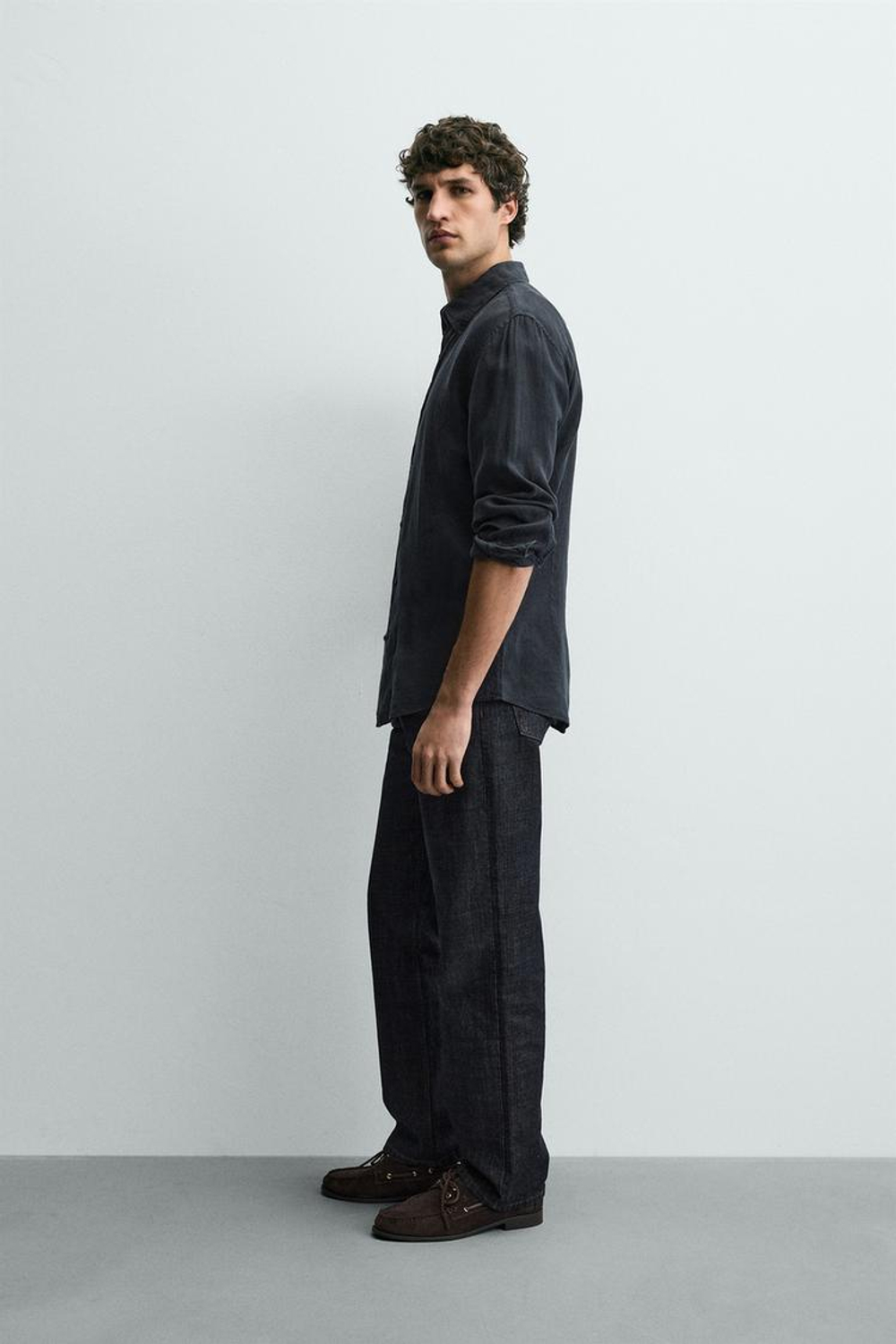 ZARA РУБАШКА REGULAR FIT ИЗ 100% ЛЬНА, МОРСКОЙ СИНИЙ