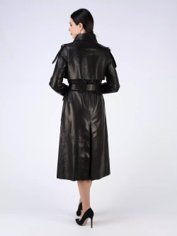 Кожаный тренч длинный с поясом плащ на осень