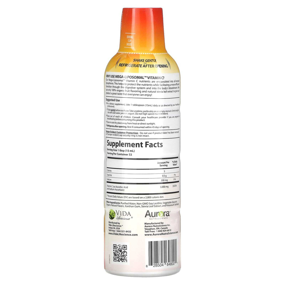 Aurora Nutrascience, Mega-Liposomal Vitamin C, органический фруктовый вкус, 3000 мг, 480 мл (16 жидк. унций)