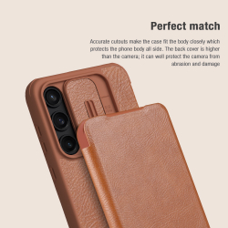 Кожаный чехол книжка коричневого цвета от Nillkin для Samsung Galaxy A55 5G, серия Qin Pro Leather с защитной шторкой для камеры