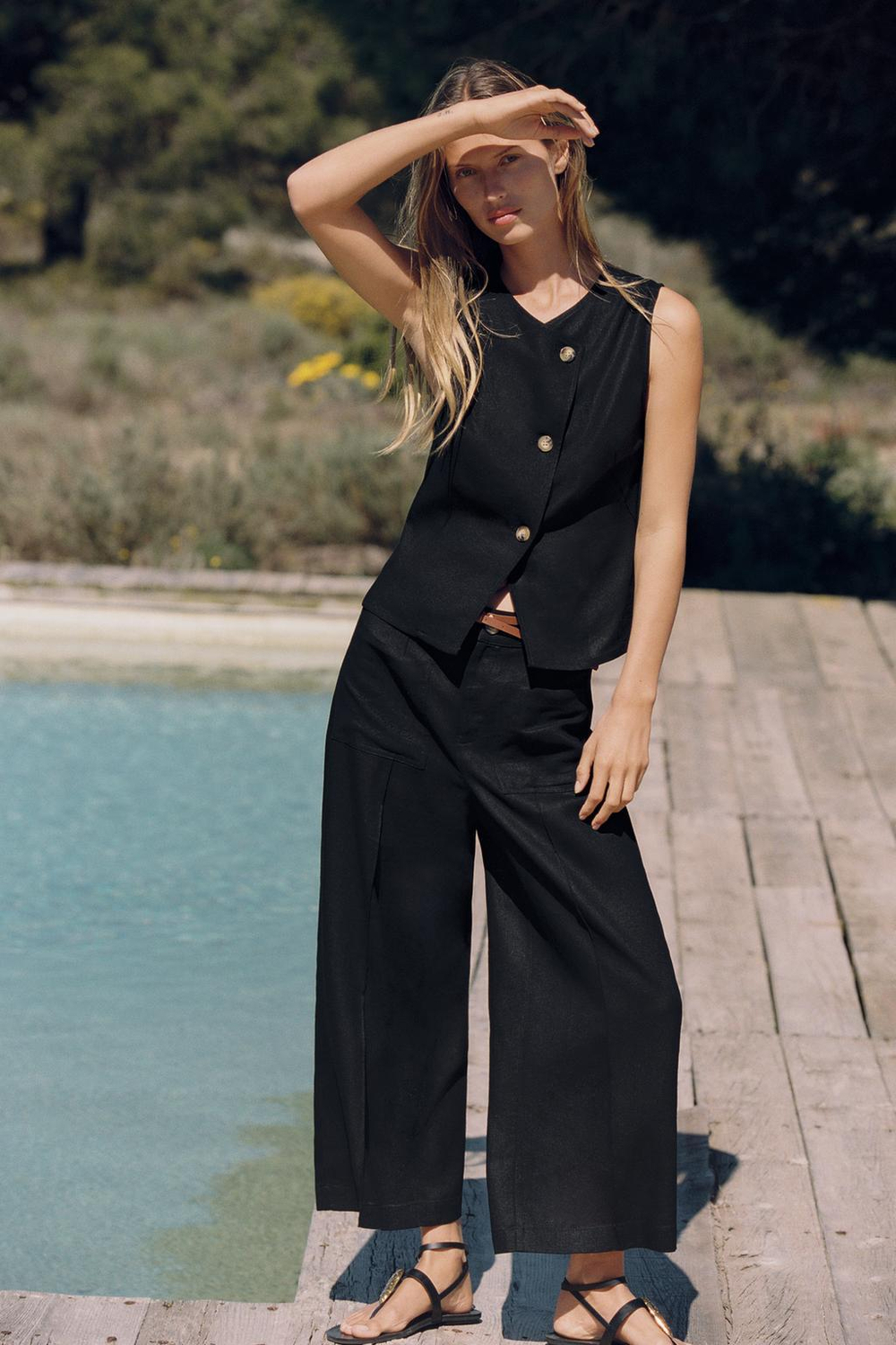 ZARA ТОП ИЗ СМЕСОВОГО ЛЬНА НА ЗАПÁХЕ, ЧЕРНЫЙ