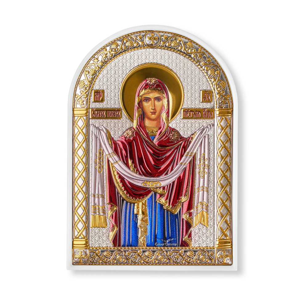 Покрова, икона арочная, пластик белый, эмаль 48x68