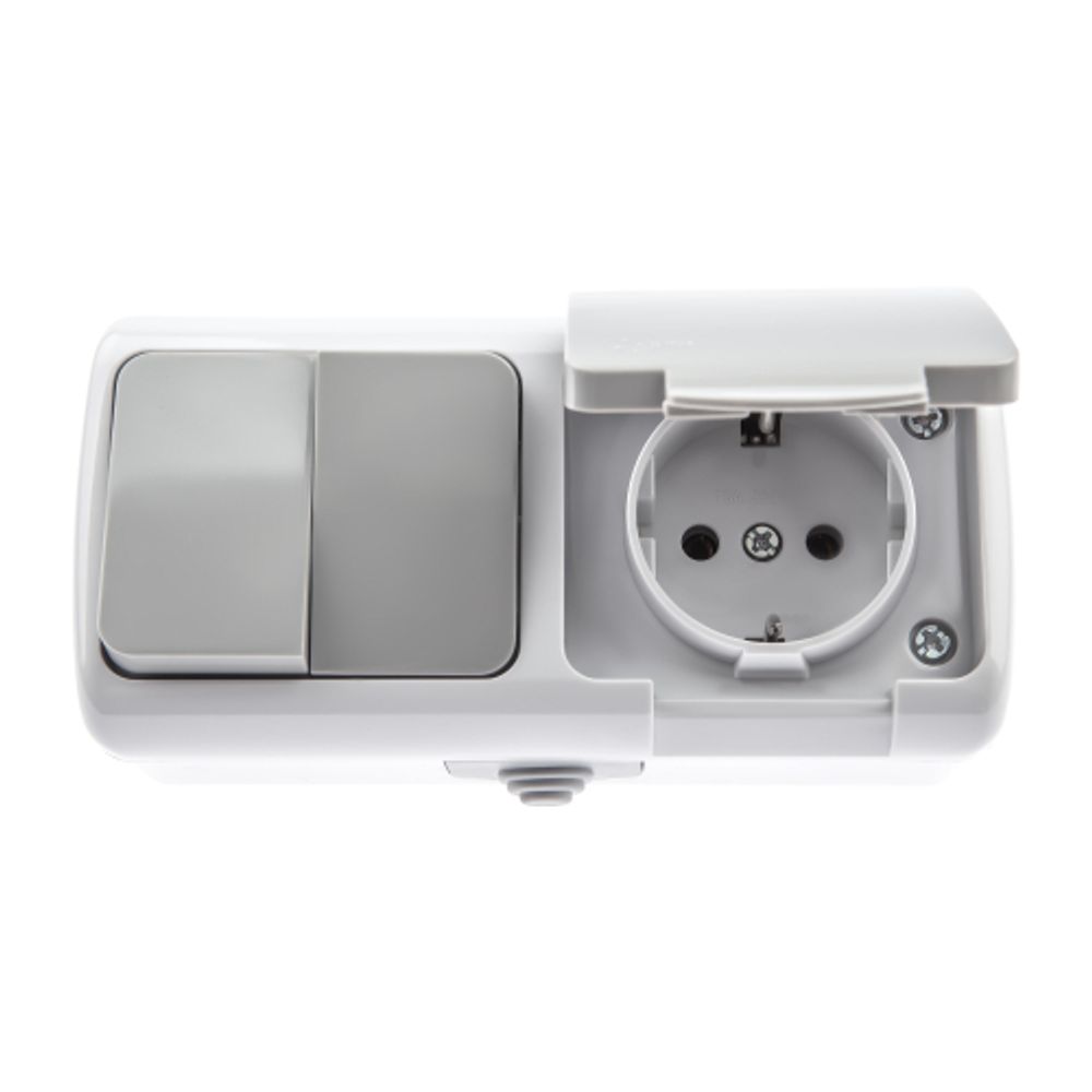 Блок розетка с выключателем Intro Atlantic 5-702-03 двойным 2P+E 10-16А-250В открытой установки гориз. IP54 серый | Intro