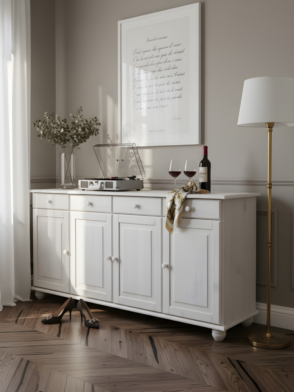 Dipriz Тумба Лена 4 двери из сосны, с ящиками (нижняя часть буфета Лена), белый воск