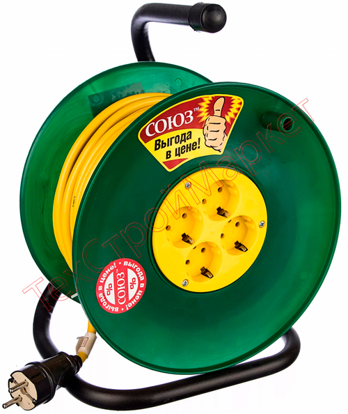 Удлинитель силовой на катушке 40м с/з 4 гнезда 4000Вт сечение провода 3*2,5 Союз
