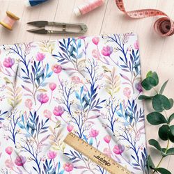 Ткань поплин розовые цветы с листьями