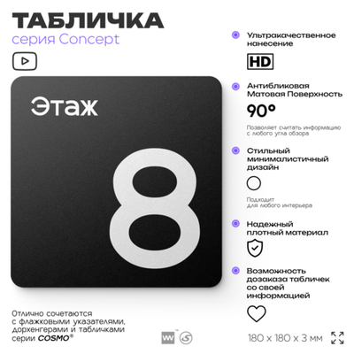 Табличка Этаж 8, на дверь и стену, навигационная и информационная, серия CONCEPT, 18х18 см, Айдентика Технолоджи