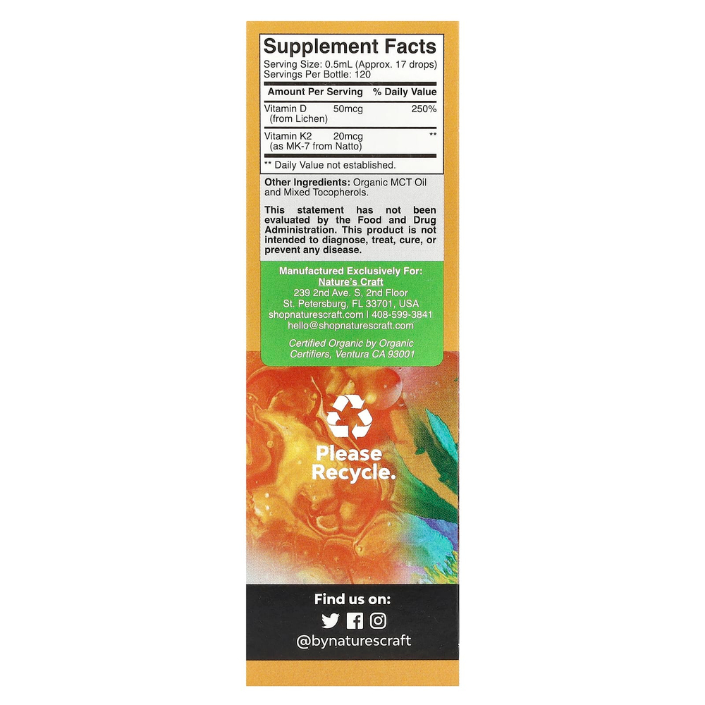 Nature's Craft, Органический витамин D3 и K2 в каплях, без спирта, 60 мл