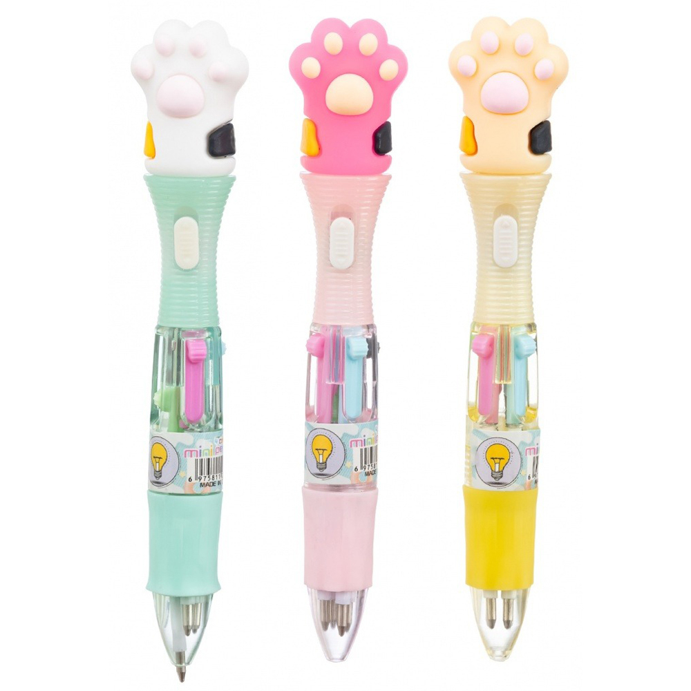 Ручка шариковая, автоматическая, 4в1, Basir, 4-рех цветная, серия "Лапки", с фонариком, с резиновой фигуркой, 36 шт