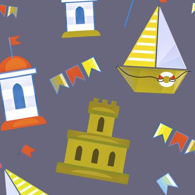 Лодка, парусник, замок из песка, морской декор на сером фоне