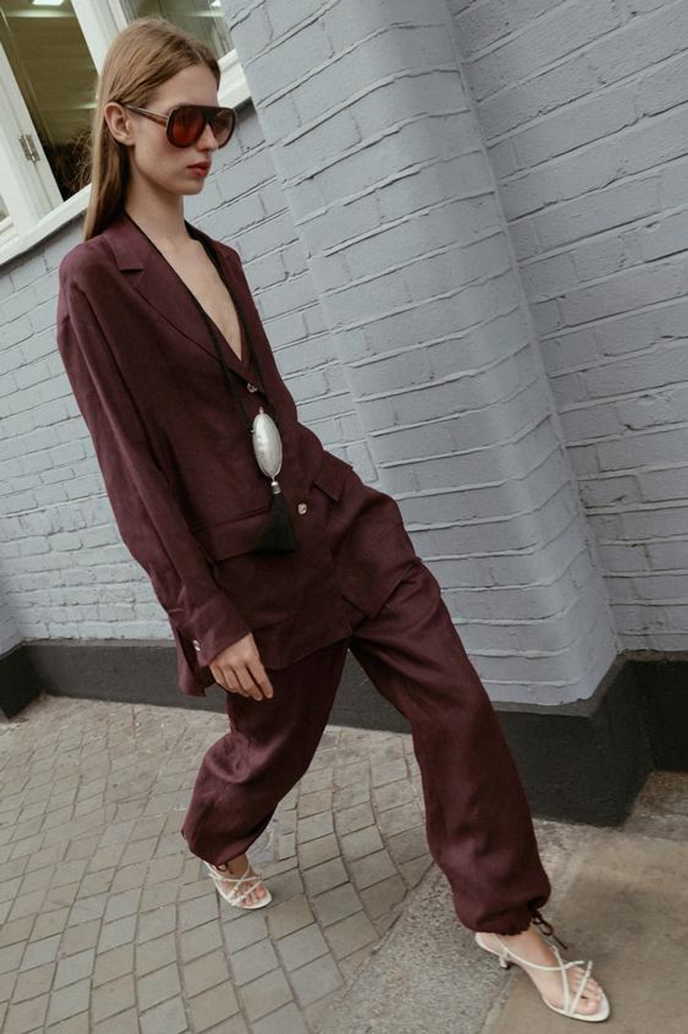 ZARA ЛЬНЯНЫЕ БРЮКИ-БАЛЛОНЫ, БАКЛАЖАНОВЫЙ