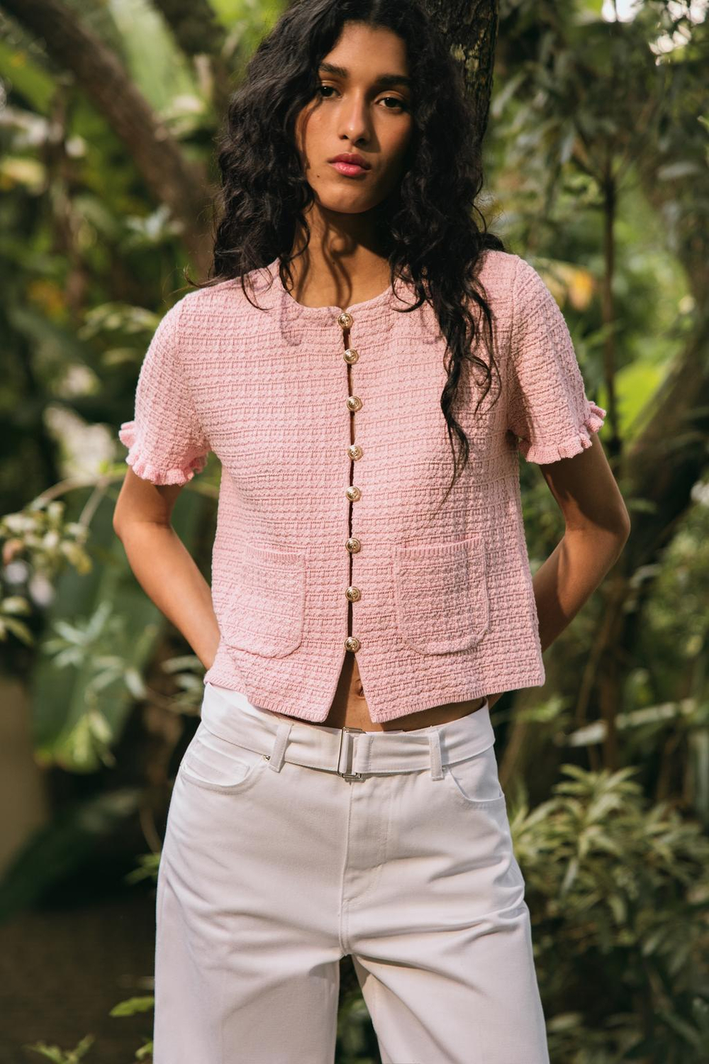 ZARA ТРИКОТАЖНЫЙ КАРДИГАН С ВОЛАНАМИ, РОЗОВЫЙ