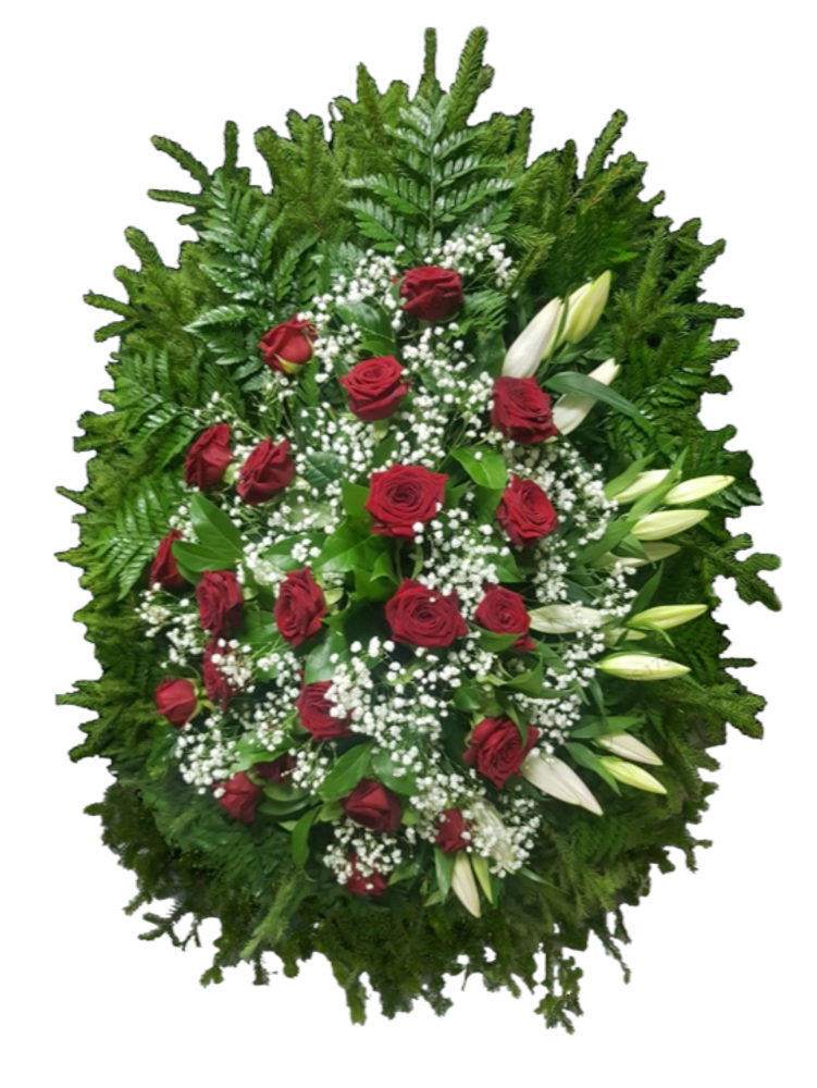 Траурный венок из живых роз и лилий (ВЖ-23) 100 см.